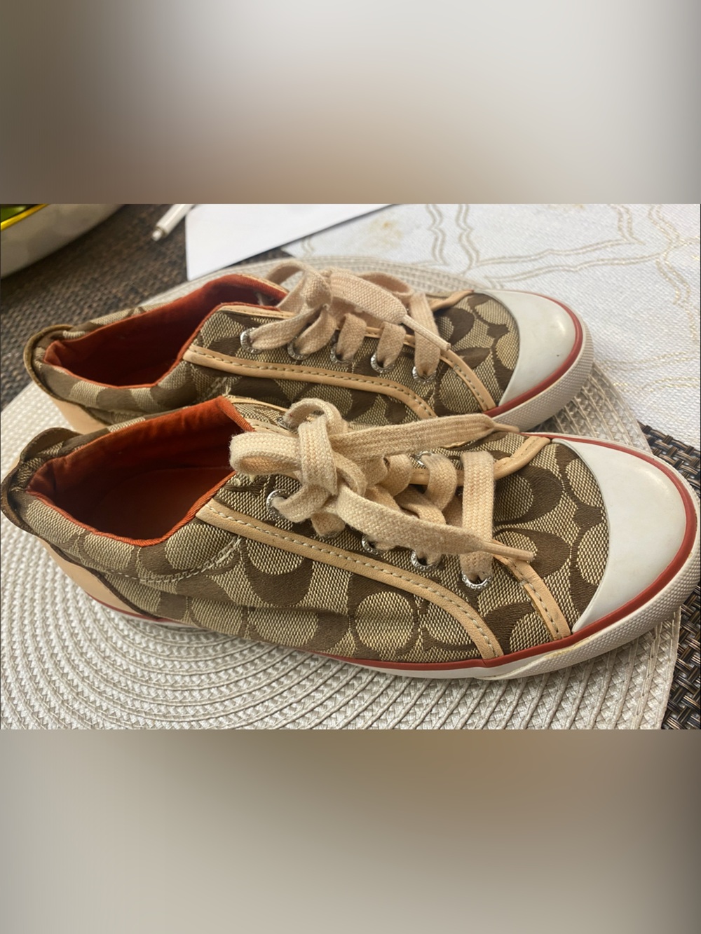 Coach Khaki Signature Canvas Sneakers with Orange Lining